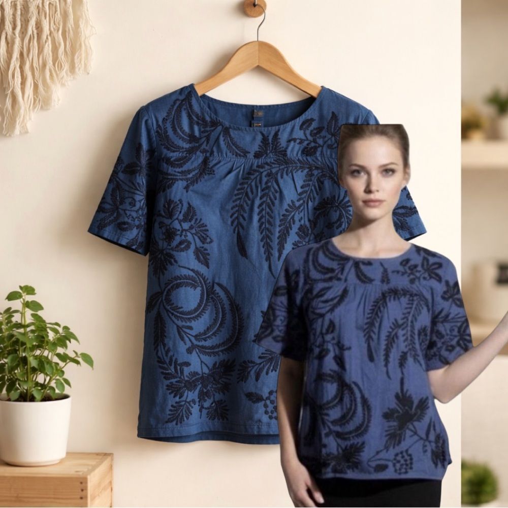 🛍️ MADEWELL Blue black Embroidered Short sleeve Botanical Top Blouse size Small